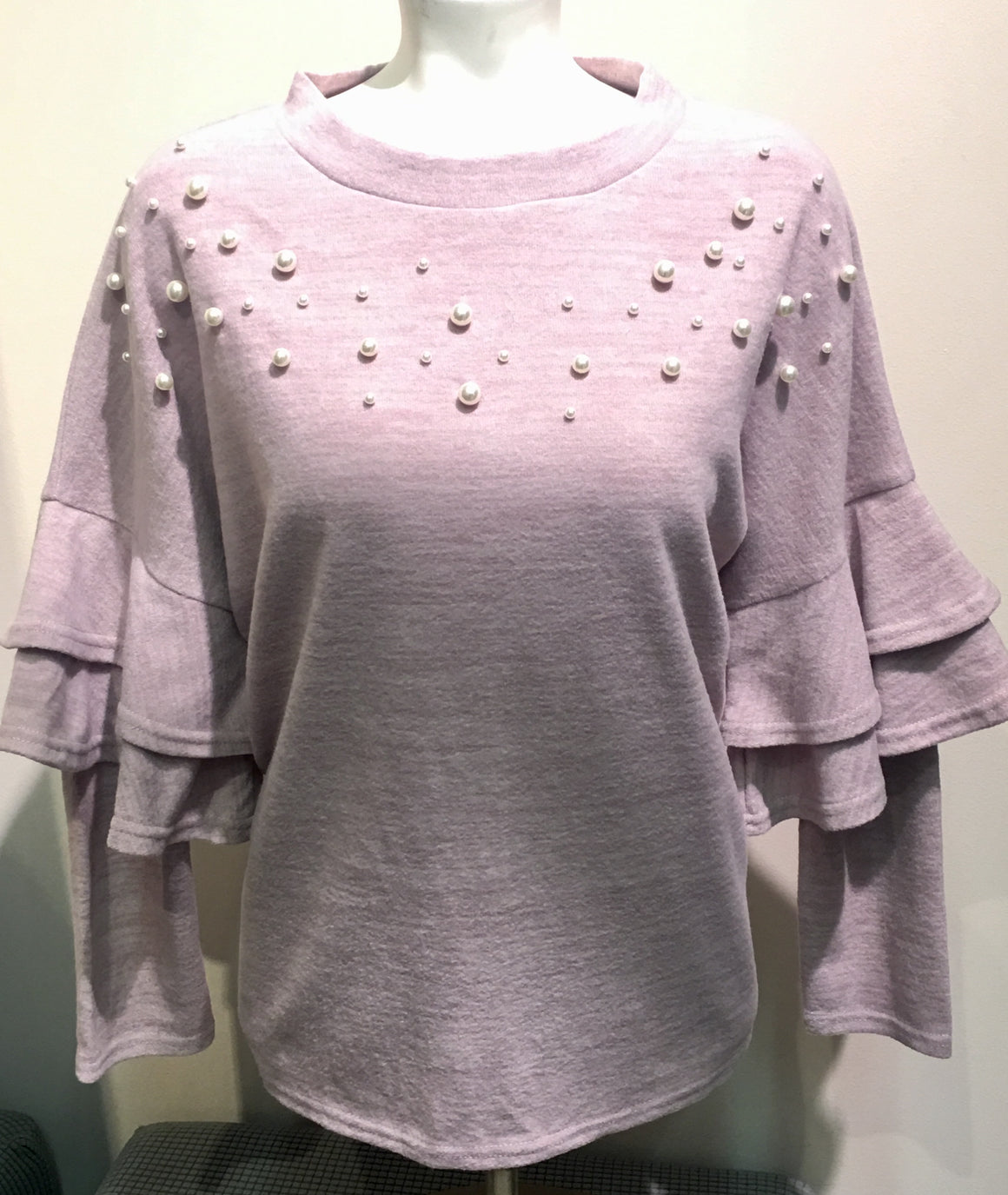 Double Ruffled Knit Top W/Pearls