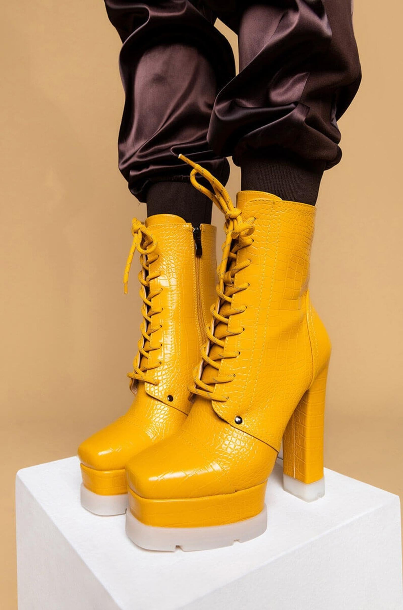 CR Yellow Black Pointy Toe Lace Up Sporty 4.5″ High Heel Ankle Boots | High heel  boots ankle, Lace high heels, Summer fashion shoes