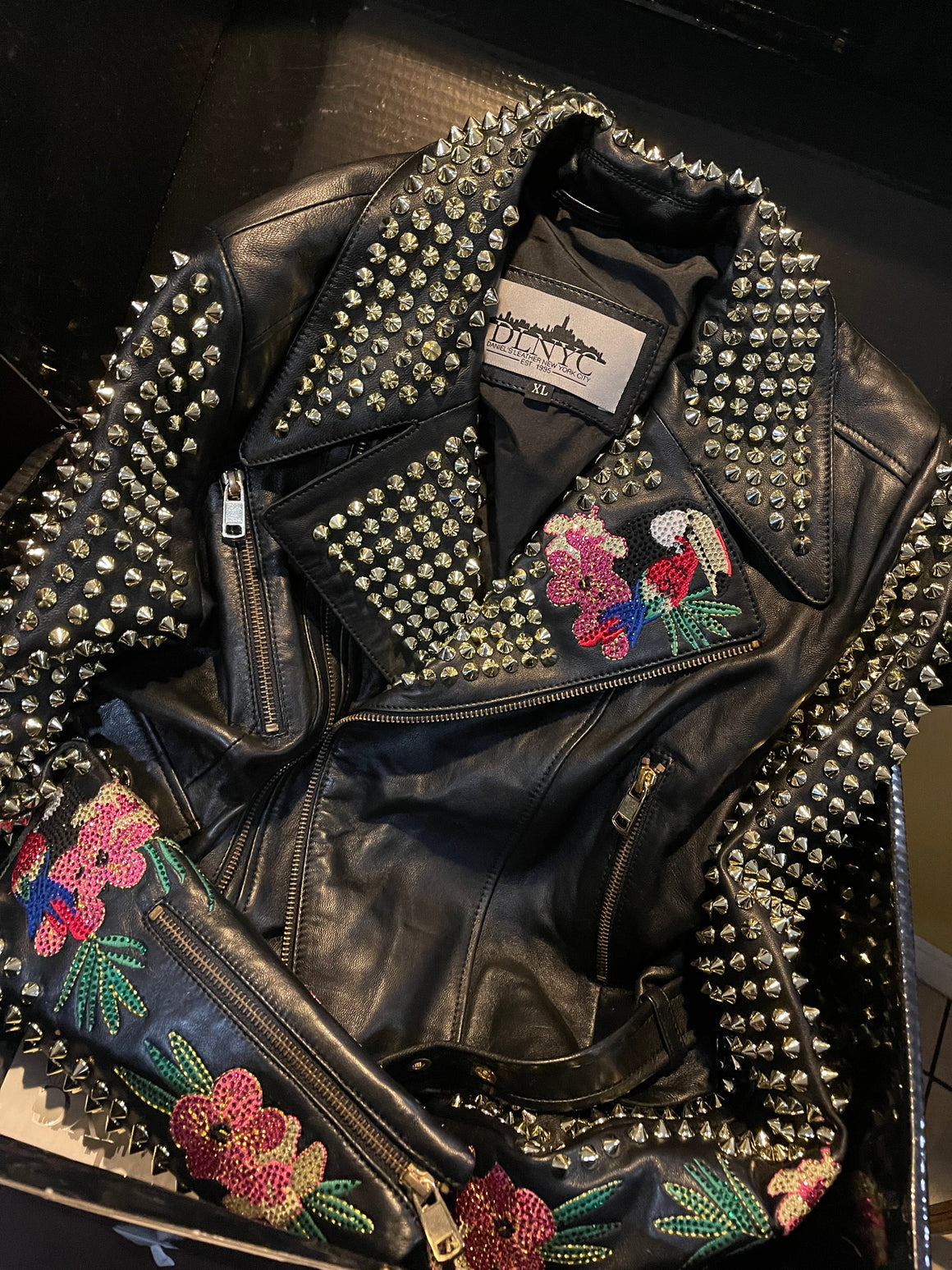 Flower Embroidery Studded Leather Jacket